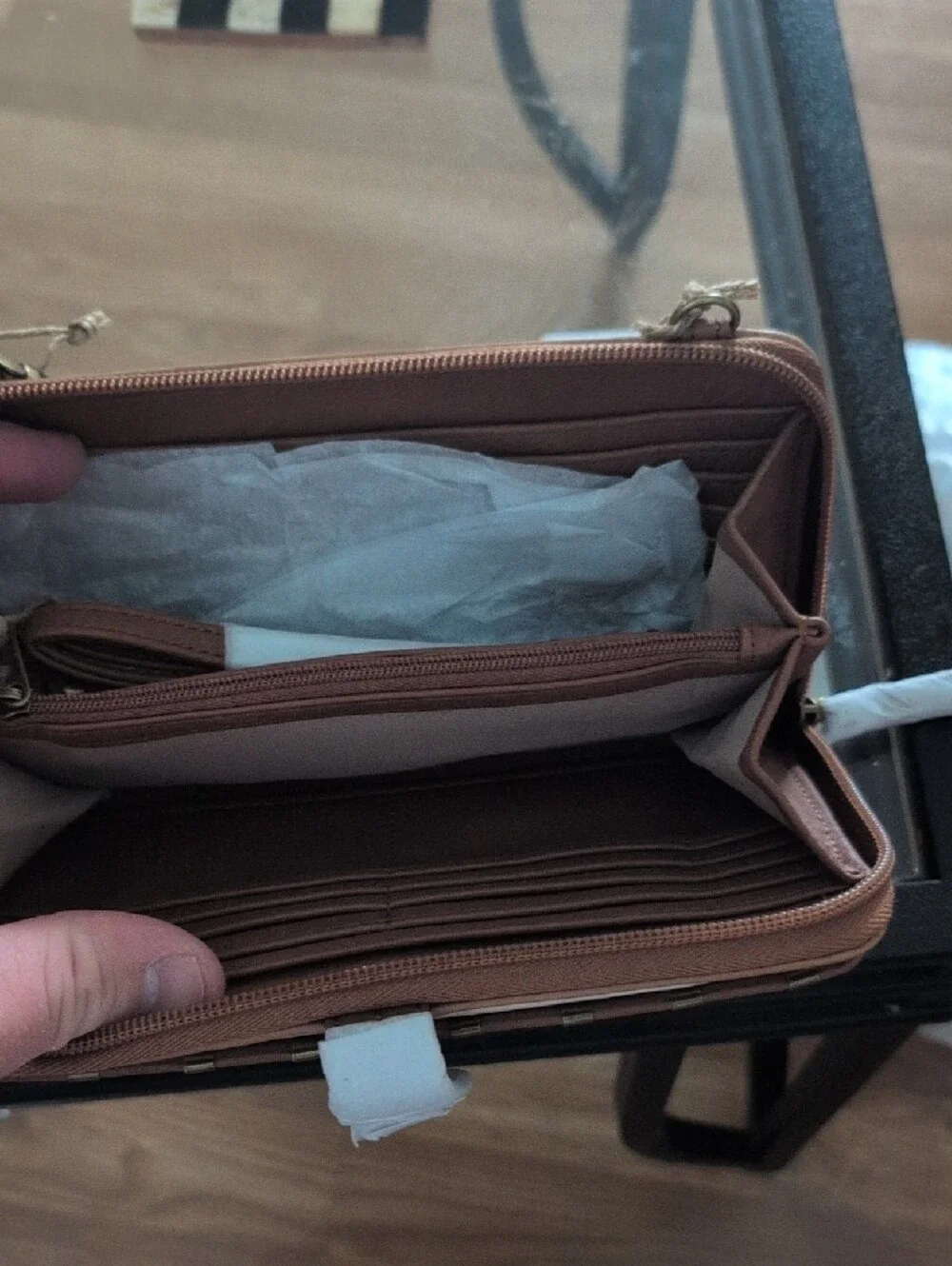 The Sak Tan Leather Wristlet Wallet with Brass Accents